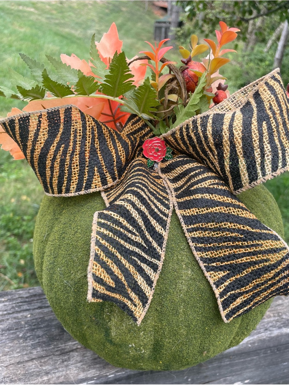 Home Accents Green Velvet Pumpkin with Black & Gold Ribbon